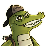 Light Green Alligator with a brown backpack and a hat writing "Gamer" on it. The gator's eyes are stars